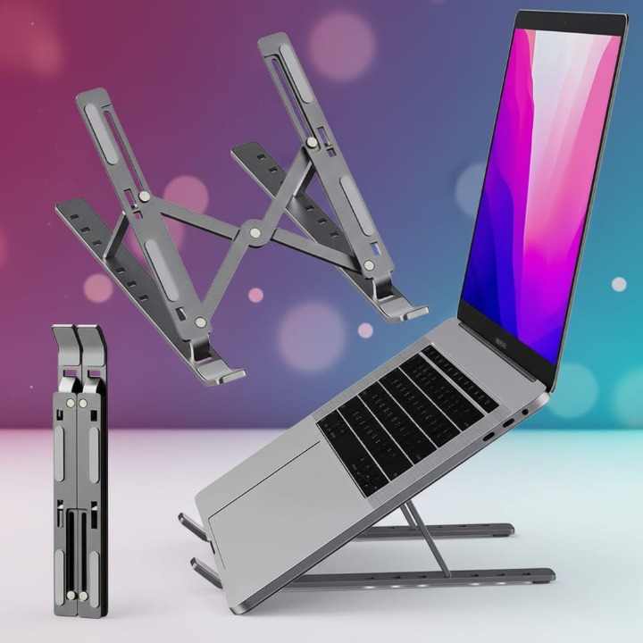 Folding Adjustable Steel Laptop Stand - Portable Ergonomic Multi Angle Desk Riser Lightweight Heat Dissipation Notebook Holder Mount